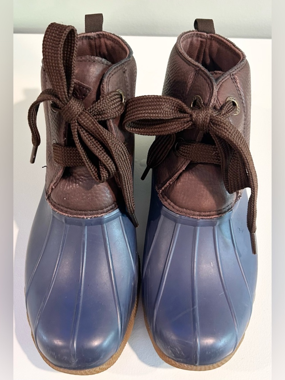 Sperry Saltwater Waterproof Duck Boots Brown Navy Leather Rain Boots 8.5 - Picture 4 of 11